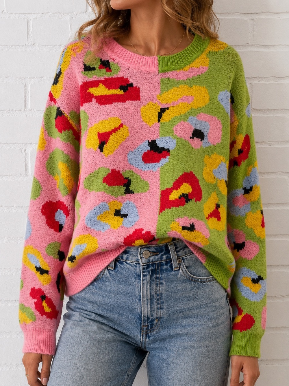 Sewn + Seen Colorblock Abstract Floral Sweater Size M Acrylic Polyamide Polyeste
